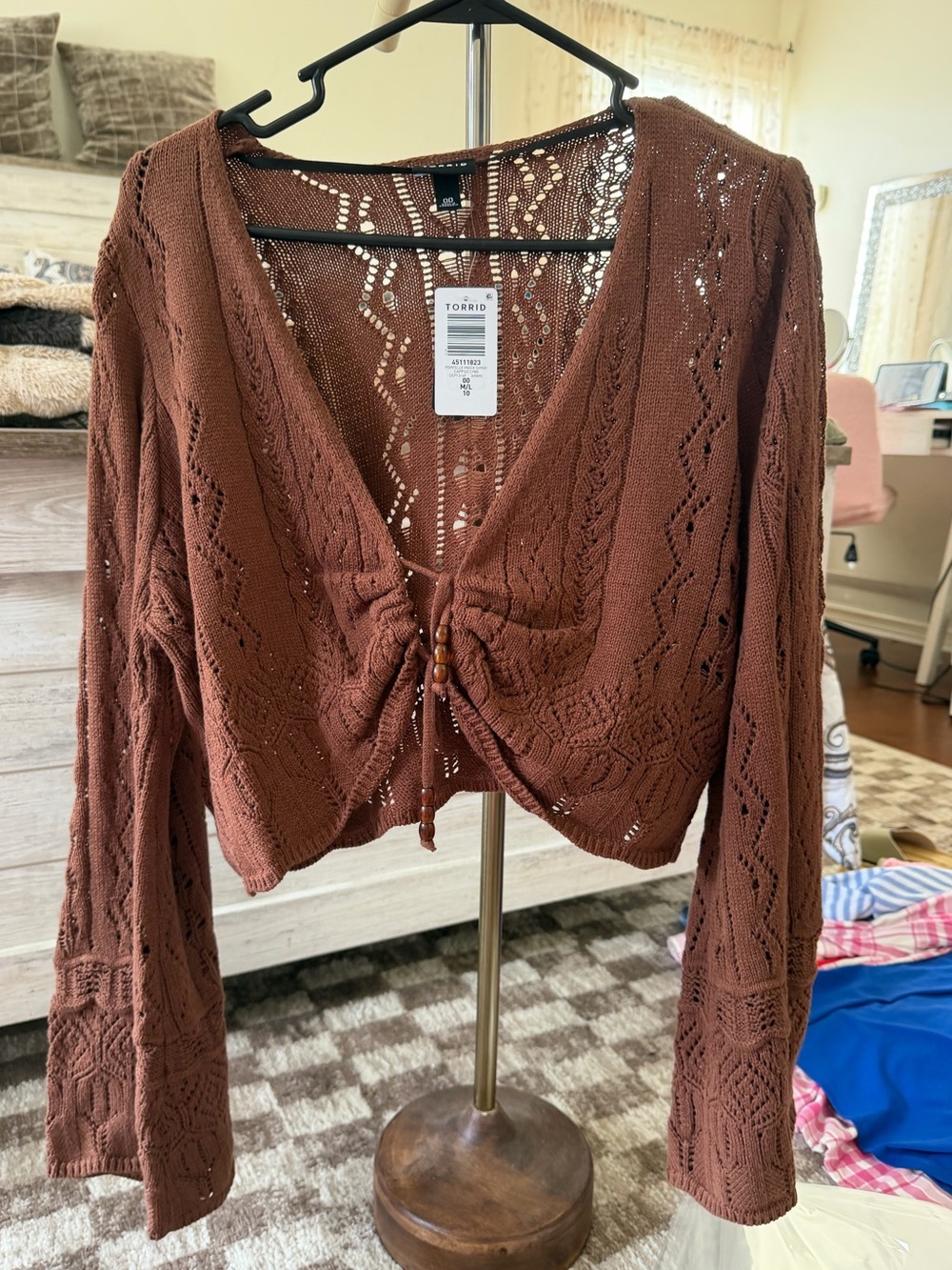 torrid Chocolate Brown Cropped Tie-Front Openwork Cardigan Size M/L